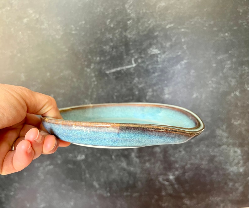 Kitchen spoon rest wheel thrown ceramic spoon rest with light and sky blue glaze kitchen gift, cooking gift, handmade spoon holder image 9