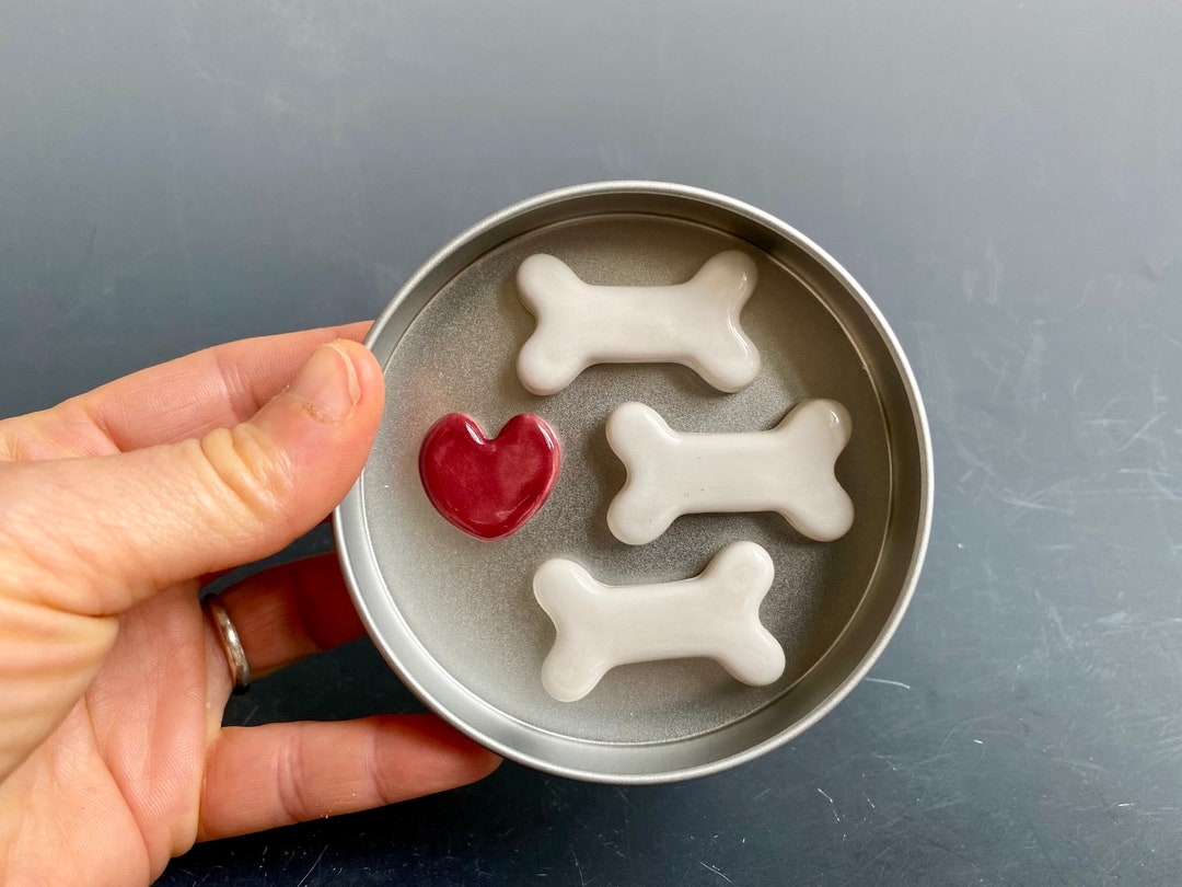Set of 4 ceramic heart magnets in metal tin- crimson glaze