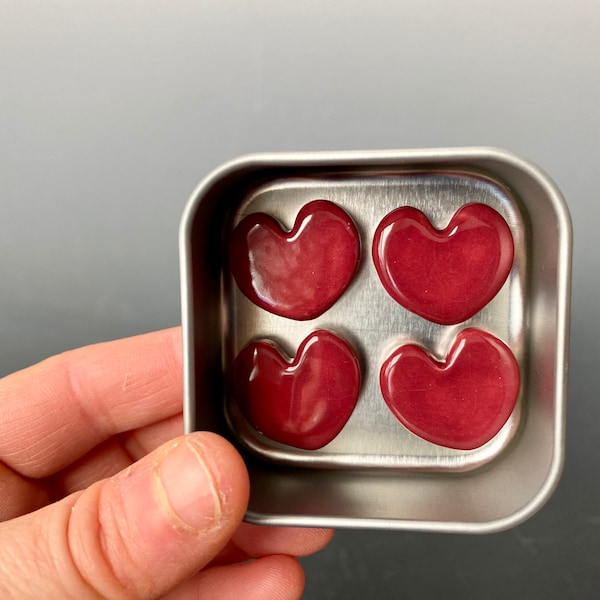 Crimson red ceramic heart magnets in tin- handmade magnets- ceramic magnet set in square tin, red hearts, gift for mom, stocking stuffer