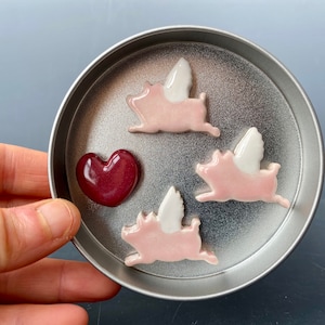 Ceramic Flying Pig Magnets in Tin: Handmade Magnet Set
