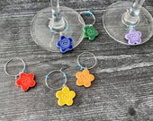 Flower wine charms- handmade ceramic wine charms- rainbow daisy flower wine markers- wine glass charms- gift for wine lover, gift for mom