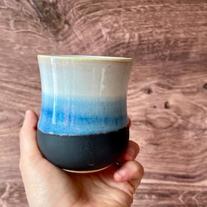 Handmade Ceramic Handleless Mug: Black, White, and Blue Glaze, 8 oz