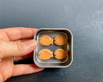 Goldfish magnets in tin- orange fish magnets- handmade ceramic magnet set in tin, fridge magnets, magnet gift, fish gift, stocking stuffer