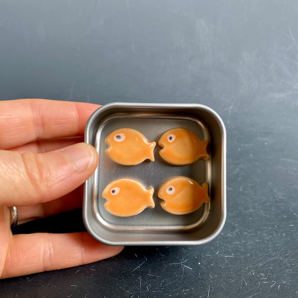 Goldfish magnets in tin- orange fish magnets- handmade ceramic magnet set in tin, fridge magnets, magnet gift, fish gift, stocking stuffer