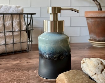 Foam soap dispenser, charcoal black glaze and artistic form- ceramic and metal foaming soap pump (10 oz), pottery soap dispenser