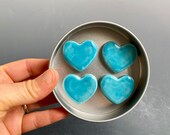Blue heart magnets in tin- handmade ceramic magnets- ceramic magnet set in tin, fridge magnets, stocking stuffer, turquoise blue hearts