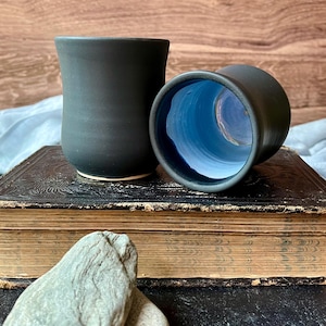 Handmade Ceramic Cup (8 oz): Matte Black and Sky Blue Stoneware Handleless Mugs