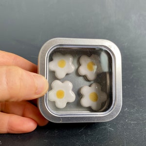 Ceramic flower magnets in tin white daisy flower magnets handmade ceramic magnet set in square tin, daisy fridge magnets, stocking stuffer image 3