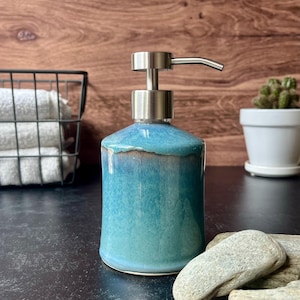 Handmade Ceramic Soap Dispenser: Blue Glaze, metal pump