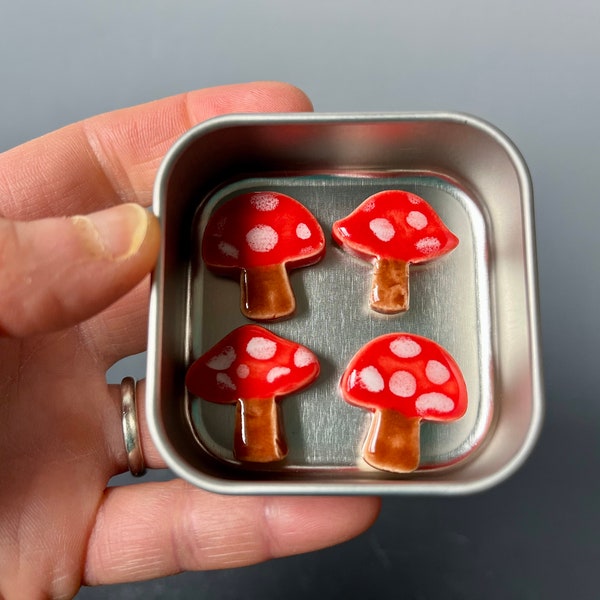 Ceramic mushroom magnets in tin- red and white mushrooms- handmade ceramic magnet set in tin, stocking stuffer- cottagecore- teacher gift