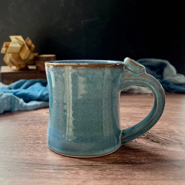 Blue ceramic mug with thumb rest (12 oz), light blue and sky blue pottery mug, handmade mug, large coffee mug