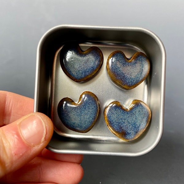 Ceramic heart magnets in tin- dark blue heart magnets- ceramic magnet set in square tin, fridge magnets, teacher gift