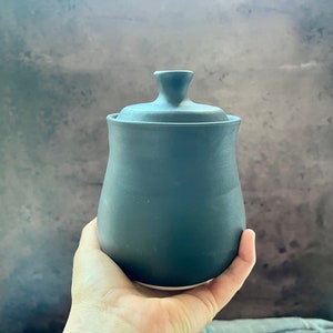 Handmade ceramic jar/ sugar bowl 16 oz matte black and sky image 8