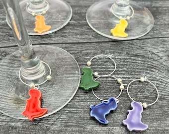 Dinosaur wine charms- handmade ceramic wine charms- tyrannosaurus rex wine markers- rainbow colors- t-rex wine glass charms- wine lover gift