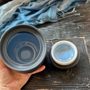 Handmade ceramic jar/ sugar bowl 16 oz matte black and sky image 9