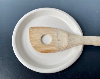 Handmade ceramic spoon rest- satin eggshell white glaze- wheel thrown ceramic- kitchen gift, cooking gift, modern spoon holder