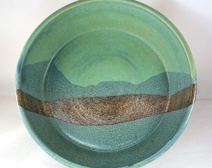 Stoneware Pottery Dishes, Turquoise, Green, Black Glaze set of Two Etsy