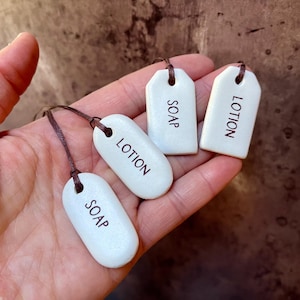 Handmade Ceramic Soap and Lotion Dispenser Tag: Farmhouse Decor Label