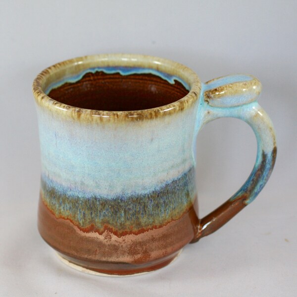 Large stoneware pottery mug with thumb rest, copper and light blue glaze, ginkgo leaf stamp (12 oz)