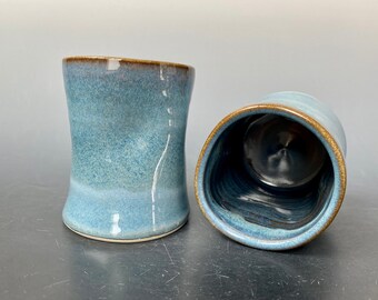 Blue ceramic cup (6 oz)- squared cup- handleless mug, or for sake, wine, juice, tea or coffee- handmade wheel thrown cup