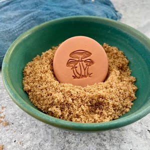 Könnte beinhalten: Ein Terrakotta-Stempel aus Keramik mit einem Design aus drei Pilzen. Der Stempel befindet sich in einer grünen Schüssel, die mit braunem Zucker gefüllt ist.