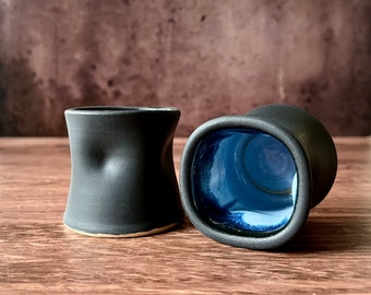 Ceramic espresso cup (3.5 oz)- small handmade ceramic cup- handleless espresso mug with matte black glaze and sky blue, espresso gift