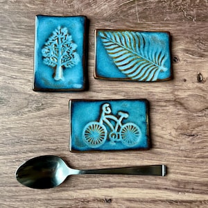 Handmade Blue Ceramic Tea Bag Holder: Bicycle, Leaf, Tree Dish