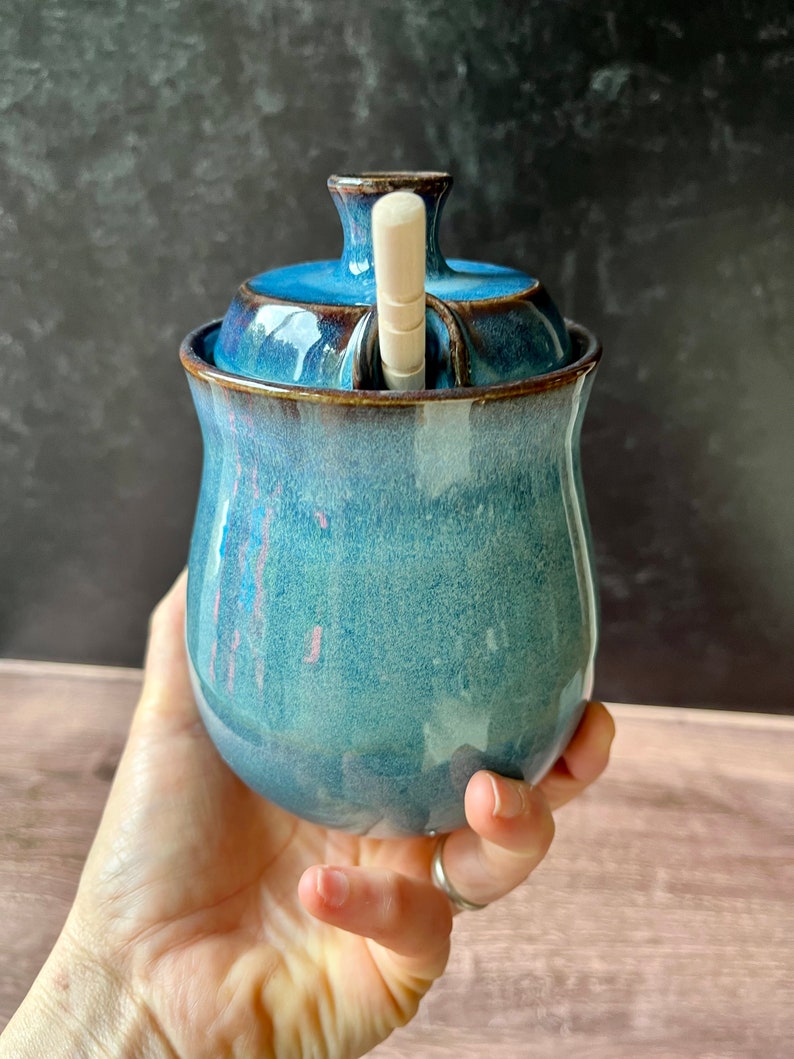 Blue honey pot or sugar bowl 14 oz wheel thrown ceramic image 6