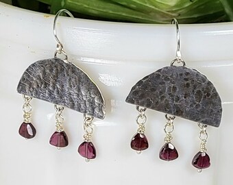 Half Moon Sterling Silver & Garnet Earrings, Hammered Silver Dangle Moon Earrings with Purple Triangle Gemstone Beads