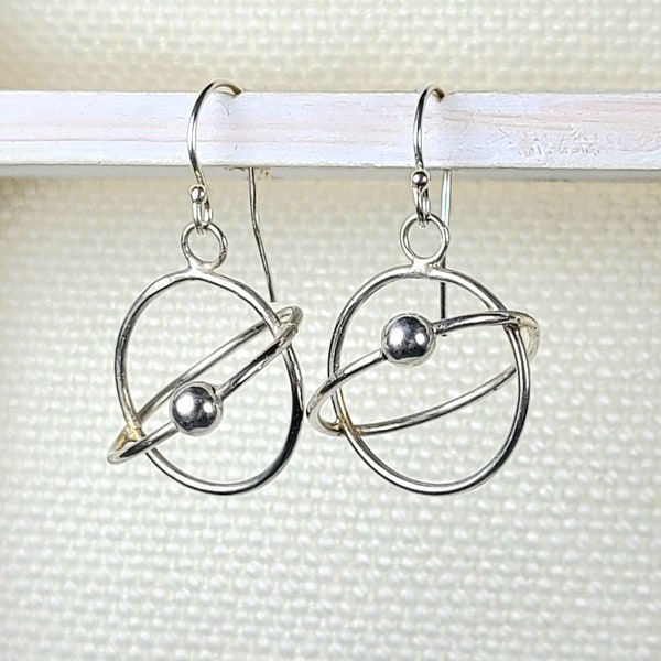 Sterling Silver Orbit Earrings, Atom Electron Ring Circle Dangle Earrings, Handmade Unique Science Gift