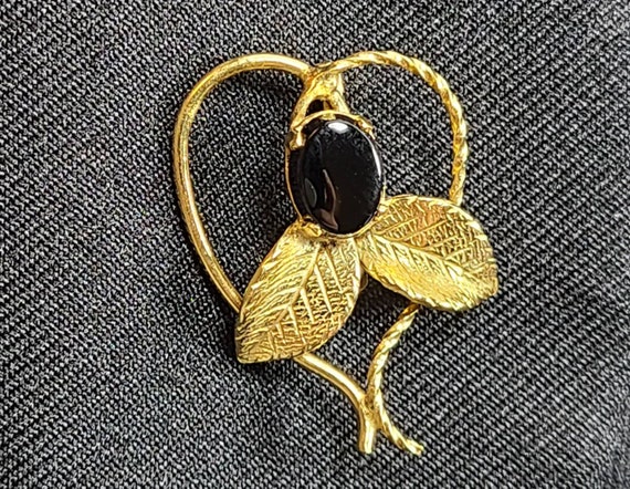 Black Onyx 14k Gold Filled Heart Wreath Vintage B… - image 2