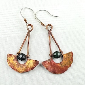Hammered Copper Crescent Dangle Earrings: Moss Agate, Sterling Silver Earwires, Half-Circle Pendulum Rustic Dangles
