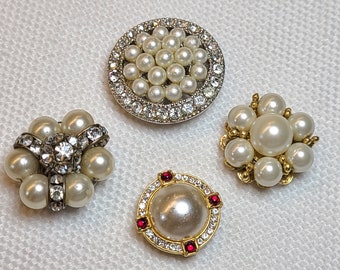 Set of 4 Pearl Cluster Vintage Jewelry Magnets, Rhinestones & Faux Pearl, Silver and Gold Fancy Fridge Magnetic Decor Gifts