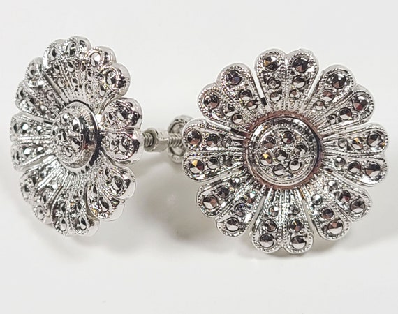 Sterling Silver Daisy Marcasite Flower Vintage Cl… - image 1