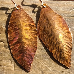 Copper Iridescent Leaf Handmade Earrings, Oxidized Copper Hammered Textured Leaf Dangle Earrings