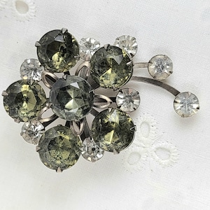 Vintage Rhinestone Flower Brooch, Smoky Light Green Floral Pin, Silver Costume Jewelry