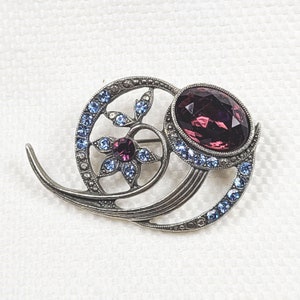 Vintage Pin Purple & Blue Rhinestone Flowers Silver Swirl Brooch