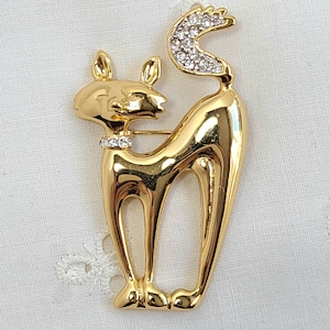 Spilla vintage a forma di gatto in oro lucido con strass trasparenti, spilla a forma di gattino di metà secolo