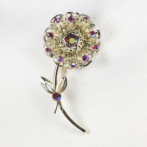 Vintage Sarah Coventry Red AB Rhinestone Flower Brooch, Long Stem Rose, Gold Filigree Petal Flower Pin