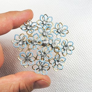 Vintage Mid Century Blue Enamel Flower Cluster Rhinestone Brooch, Metal Openwork Pin