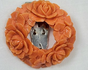 Orange Flower Circle of Roses Wreath Vintage Dress or Fur Clip, Plastic Faux Coral Salmon 1950s