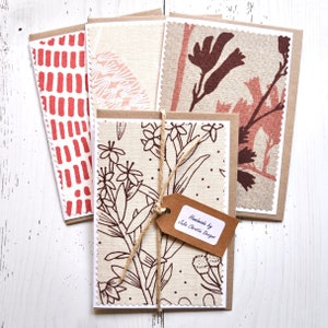 4 Handmade Cards, Made with Organic Handprinted Fabric by Designer Ink and Spindle, Blank Inside, With Envelopes, Frames Not Included