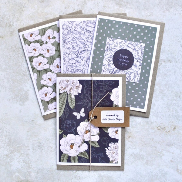 Handmade Cards, 4 Pack of Colourful Floral Theme Greeting Cards, Paper Gift Cards, Blank Inside with Kraft Brown Envelopes