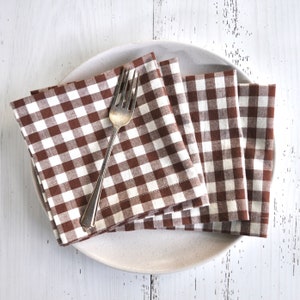 Cotton Cocktail Napkins, Set of 4 or 6, Handmade Brown & Cream Gingham Lightweight Napkins, Reusable, Sustainable, Small Picnic Serviettes