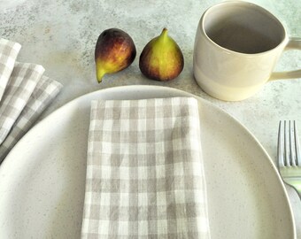 Linen Napkins, Set of 4, Oat Natural Colour Gingham, Handmade Reusable Cloth Serviettes, Sustainable Living