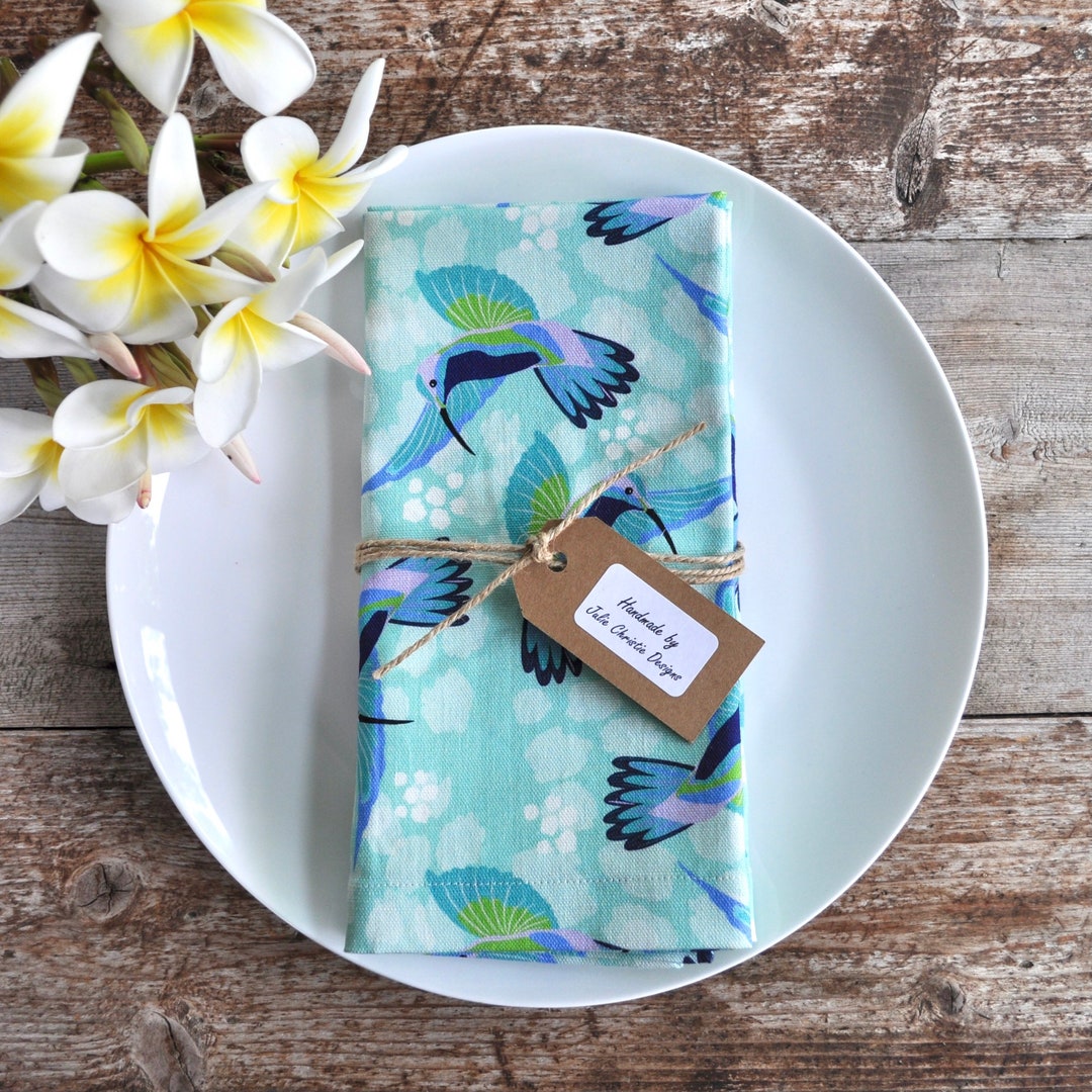 Linen Cotton Napkins, Set of 4, Colourful Spinebill Bird Print by