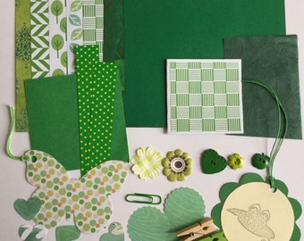 DIY green paper craft pack, scrapbooking pack, paper embellishment kit, ephemera, card making, junk journal kit, project life