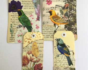 Bird collaged Journaling cards and tags, journal embellishments / supplies, scrapbooking, set of 4