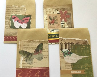 May include: Four handmade Christmas-themed paper envelopes. Each envelope is decorated with vintage paper, butterfly and bird cutouts, and festive embellishments. One reads "MERRY CH" and another reads "HAPPY HOLIDAYS".