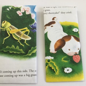 May include: Two vintage book pages with illustrations. One shows a grasshopper in a green field with flowers. The other depicts a puppy eating a strawberry in a grassy area. Text fragments are visible.